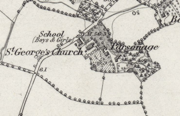 An 1873 map showing the Parsonage grounds and St George's Church, Carrington